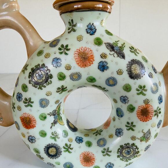 Vintage Chinese Donut Shaped Blue Floral Butterfly Porcelain Tea Pot with Dragon - Picture 3 of 16
